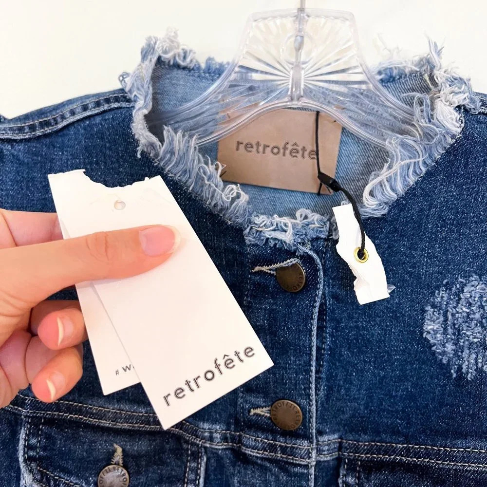 Retrofete Jaime Denim Button Down Quarter Sleeve Tie Waist Distressed Mini Dress - Picture 3 of 12